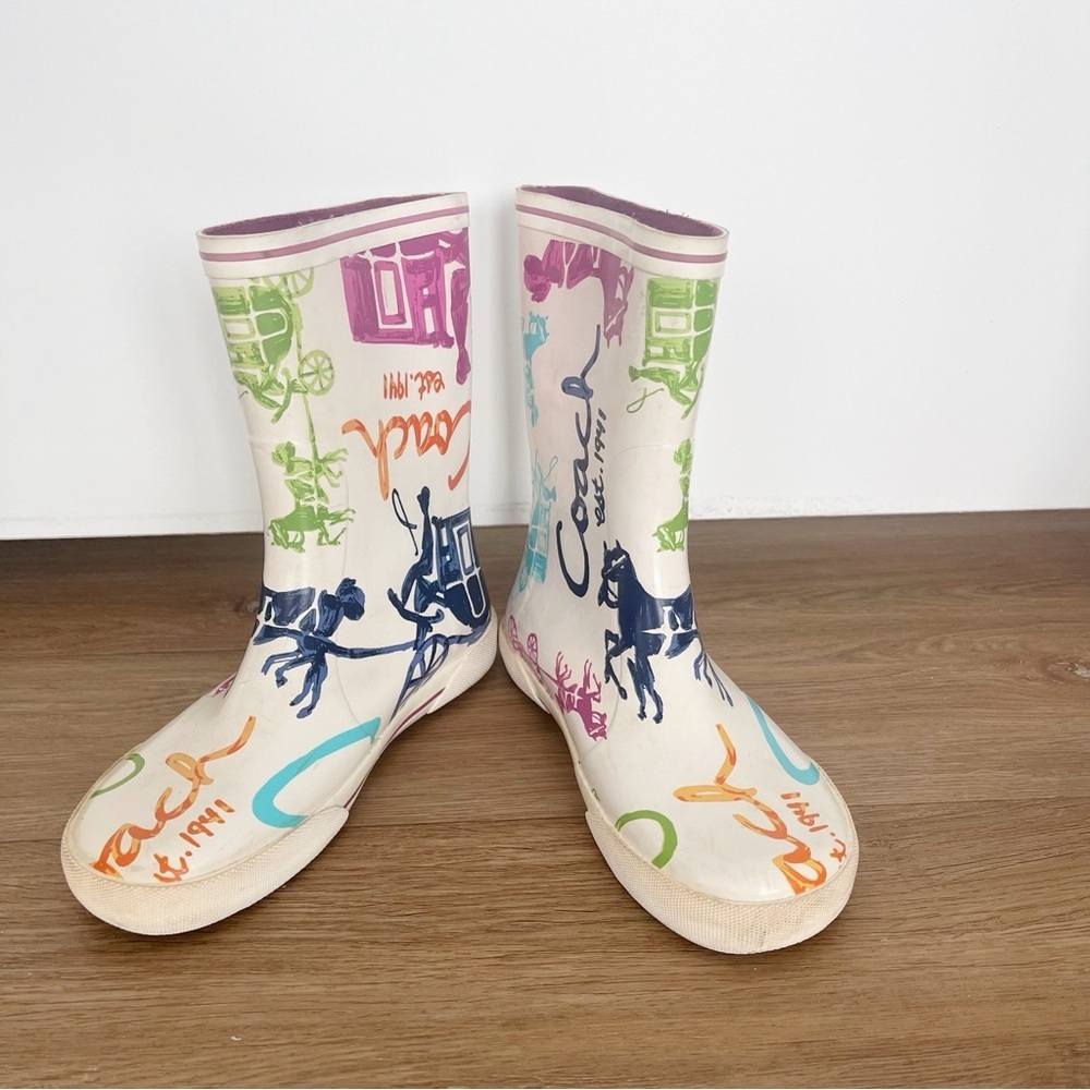 Coach Multicolor Rain Boots Equestrian Horse Carriage Logo Rubber Boots Size 6 - Picture 1 of 11